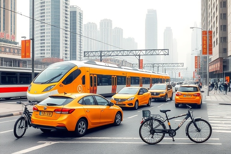 Modern public transportation, taxis and shared bikes in a Chinese city